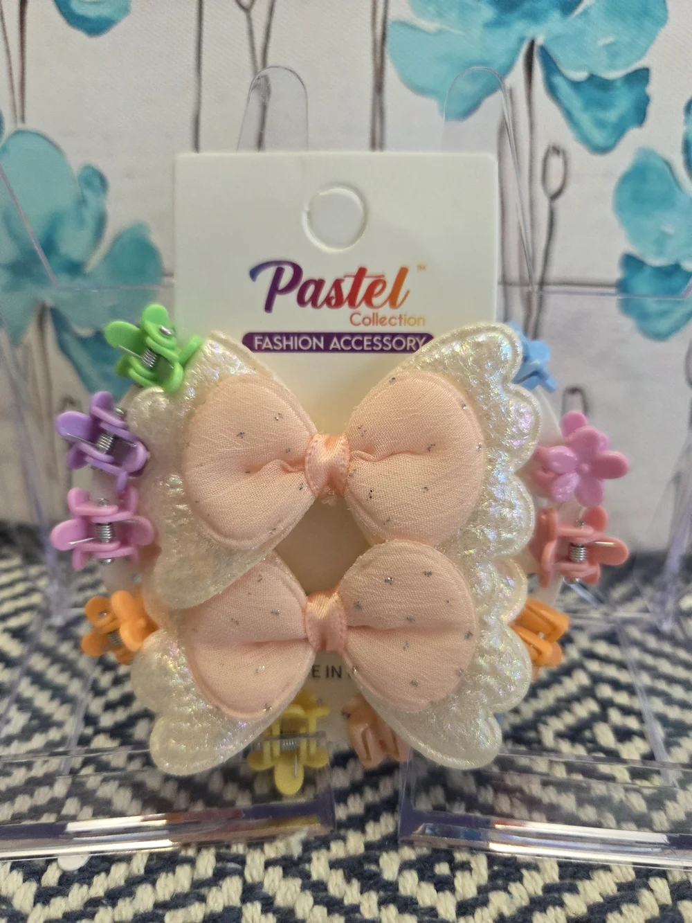 Kids Gliter Bow/Hair Clips - Blue and Peach